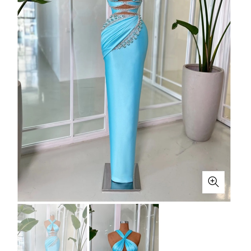 Blue Asymmetrical Ruched Halter Cocktail Dress